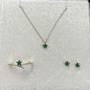 BỘ TRANG SỨC VÀNG 10K ĐÁ QUÝ GREEN ACHATES GỒM NHẪN, HOA TAI, DÂY CHUYỀN