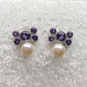 Hoa tai Bạc SV925 kết hợp đá Amethyst tự nhiên và Ngọc Trai Akoya