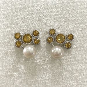 Hoa tai Bạc SV925 kết hợp đá Citrine hình tròn và Ngọc Trai Akoya