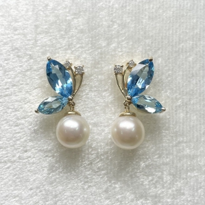 Hoa tai Vàng K10YG kết hợp đá Topaz & Ngọc trai Akoya vô cùng sang trọng 